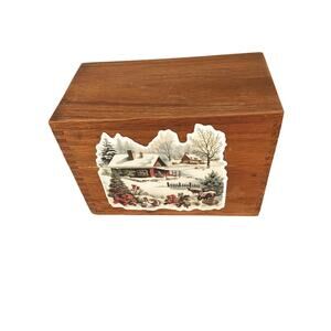 Vintage Snowy Cabin Scene Card Wooden Recipe Box Dovetail